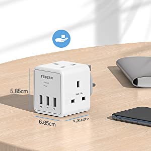 TESSAN - 5 in 1 Cube Wall Plug Extension with 2 AC Sockets and 3 USB Ports , White