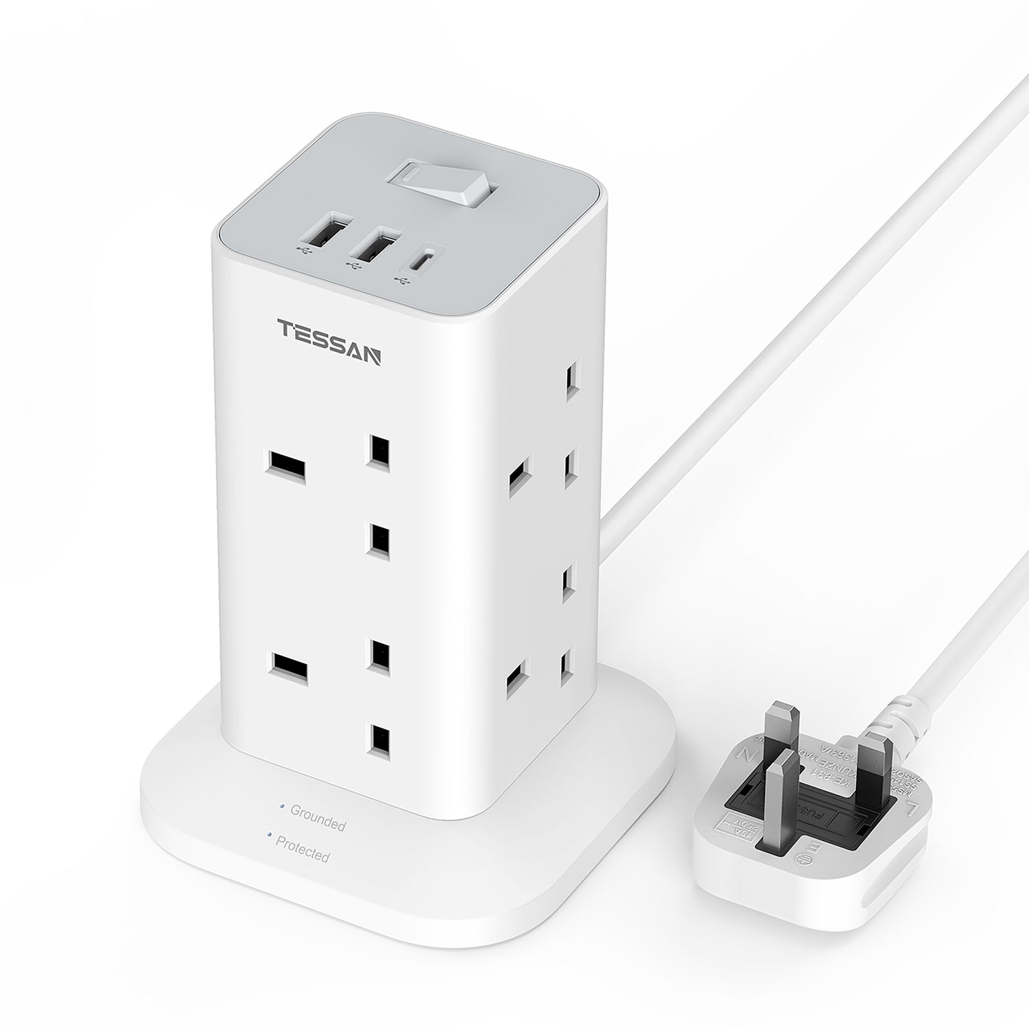 TESSAN - Extension Cord Tower 8 Ways Socket Outlet with 2 USB-A & 1 USB-C Ports