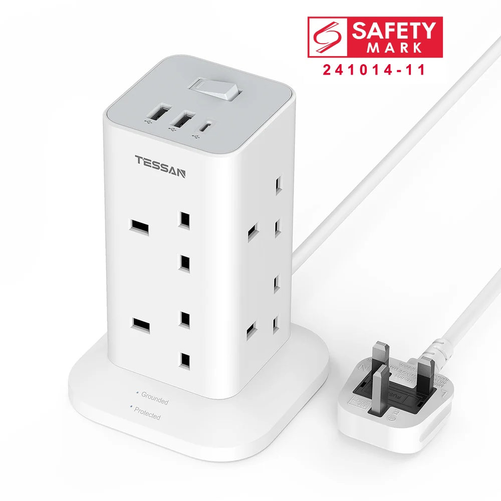 TESSAN - Extension Cord Tower 8 Ways Socket Outlet with 2 USB-A & 1 USB-C Ports