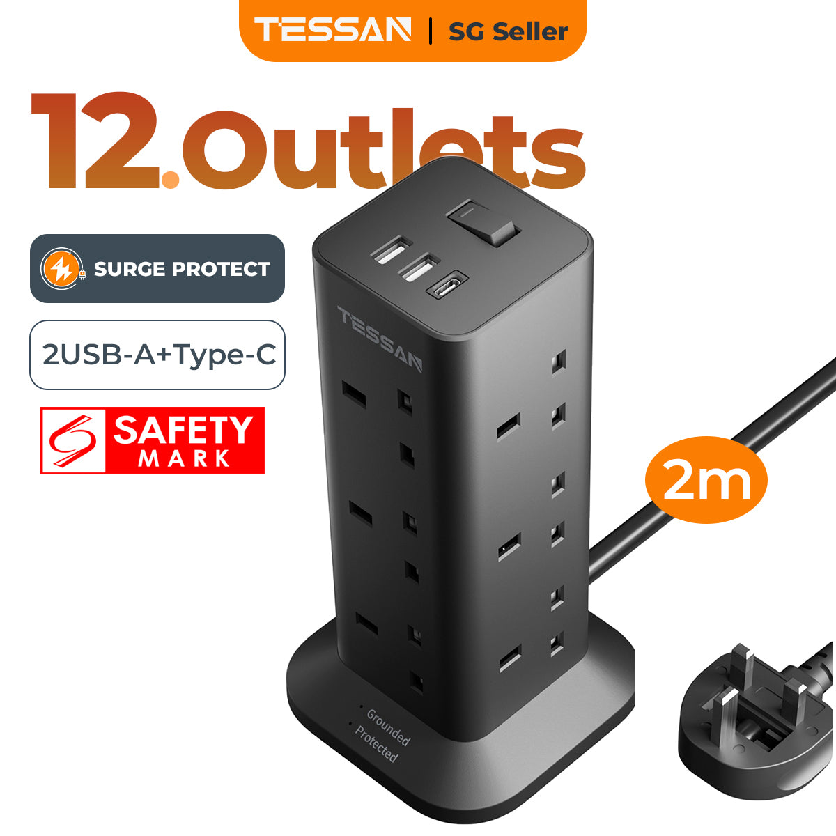TESSAN - Black Socket Tower 12 Ways Outlet Extension Plug with Multi Plugs