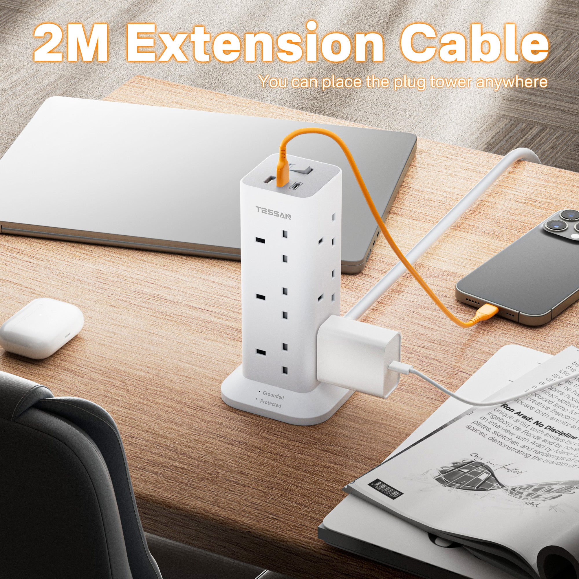 TESSAN - Extension Tower 12 Ways Socket Outlet Plug with 2 USB-A & 1 USB-C Ports