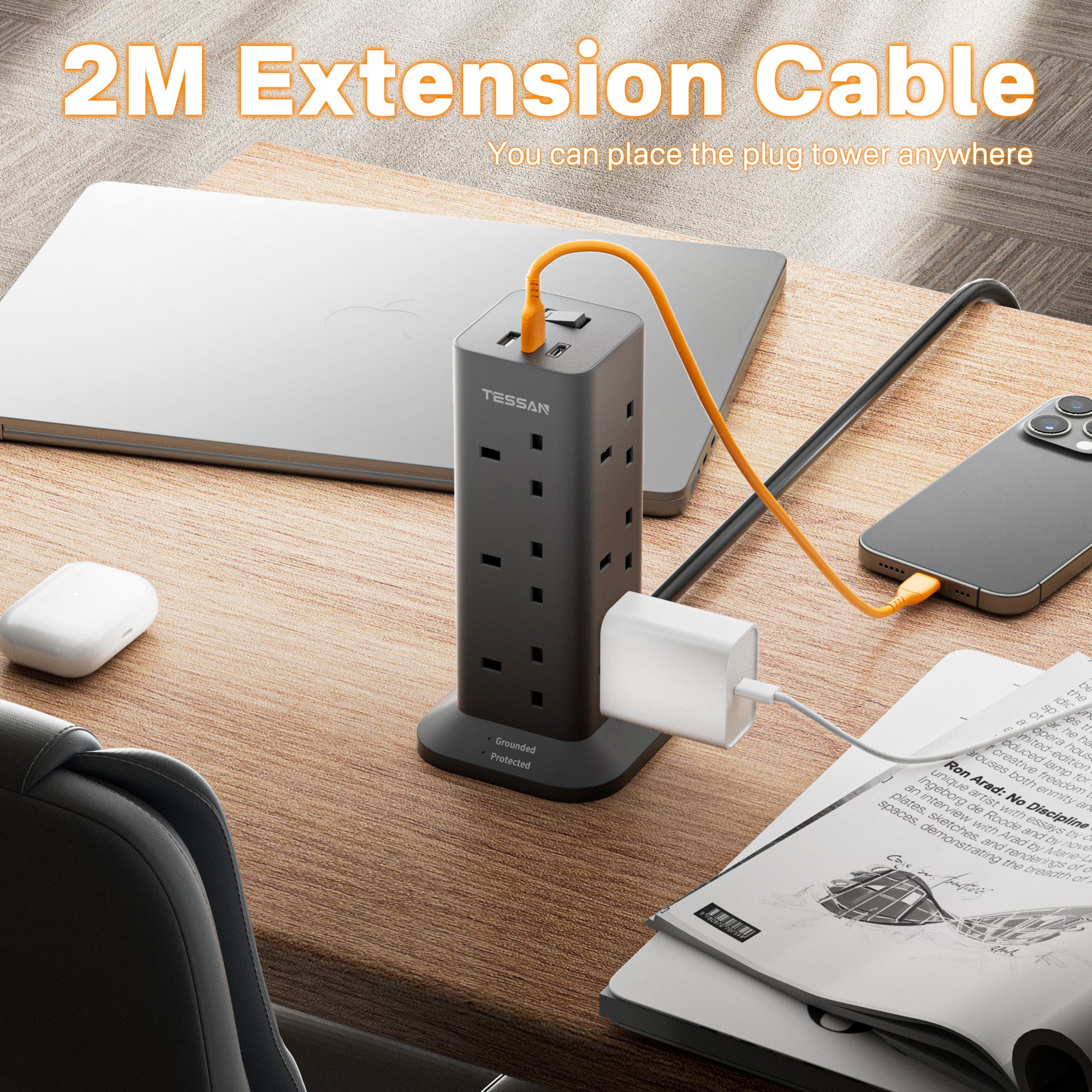 TESSAN - Black Socket Tower 12 Ways Outlet Extension Plug with Multi Plugs