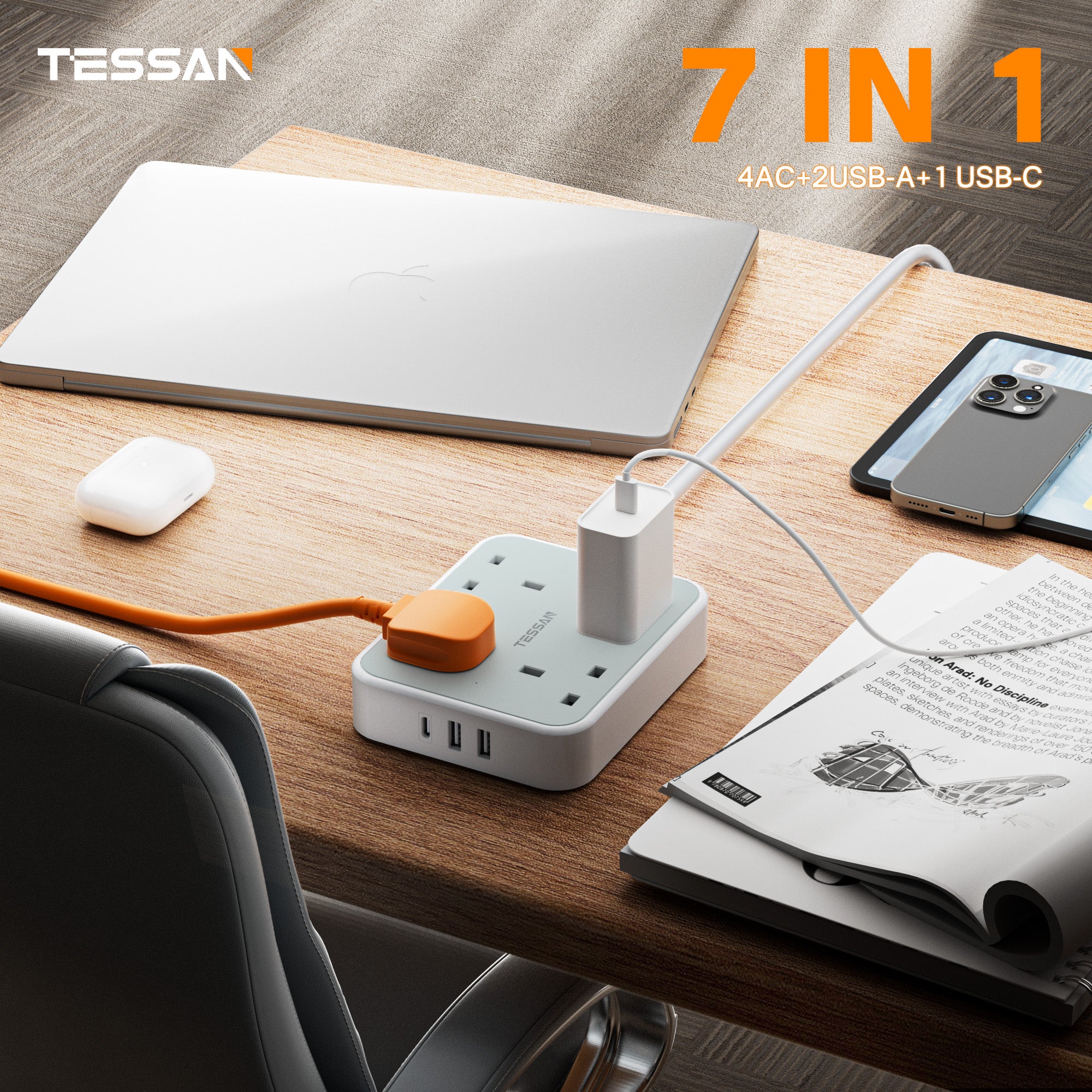 TESSAN - 4 Outlets Extension Cord 13A 4 Way Multi Plug Extension Leads with USB C
