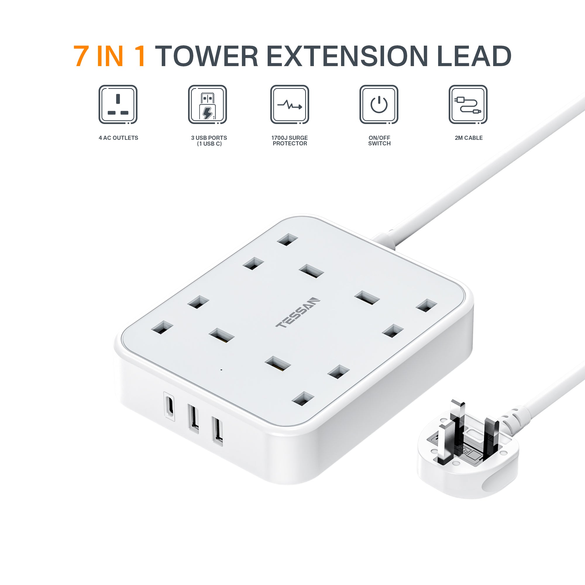 TESSAN - 4 Outlets Extension Cord 13A 4 Way Multi Plug Extension Leads with USB C