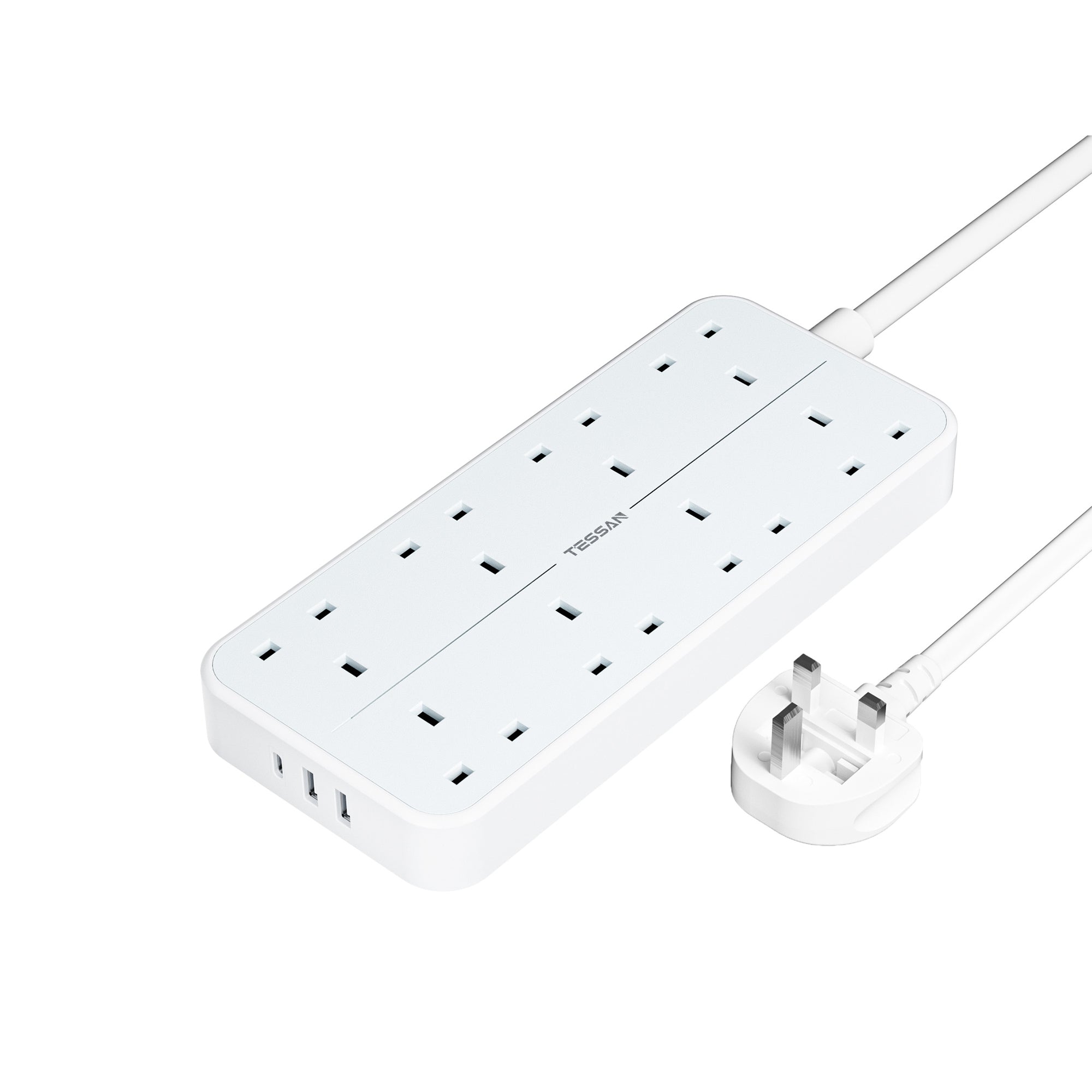 TESSAN - Power Strip 13A 8 Ways Outlet Socket Multi Plug Extension Leads UK Plug