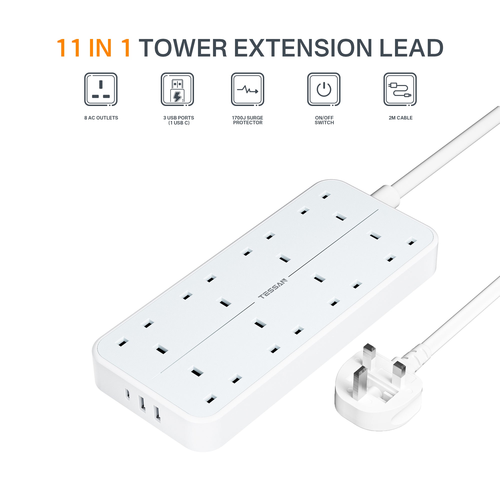 TESSAN - Power Strip 13A 8 Ways Outlet Socket Multi Plug Extension Leads UK Plug