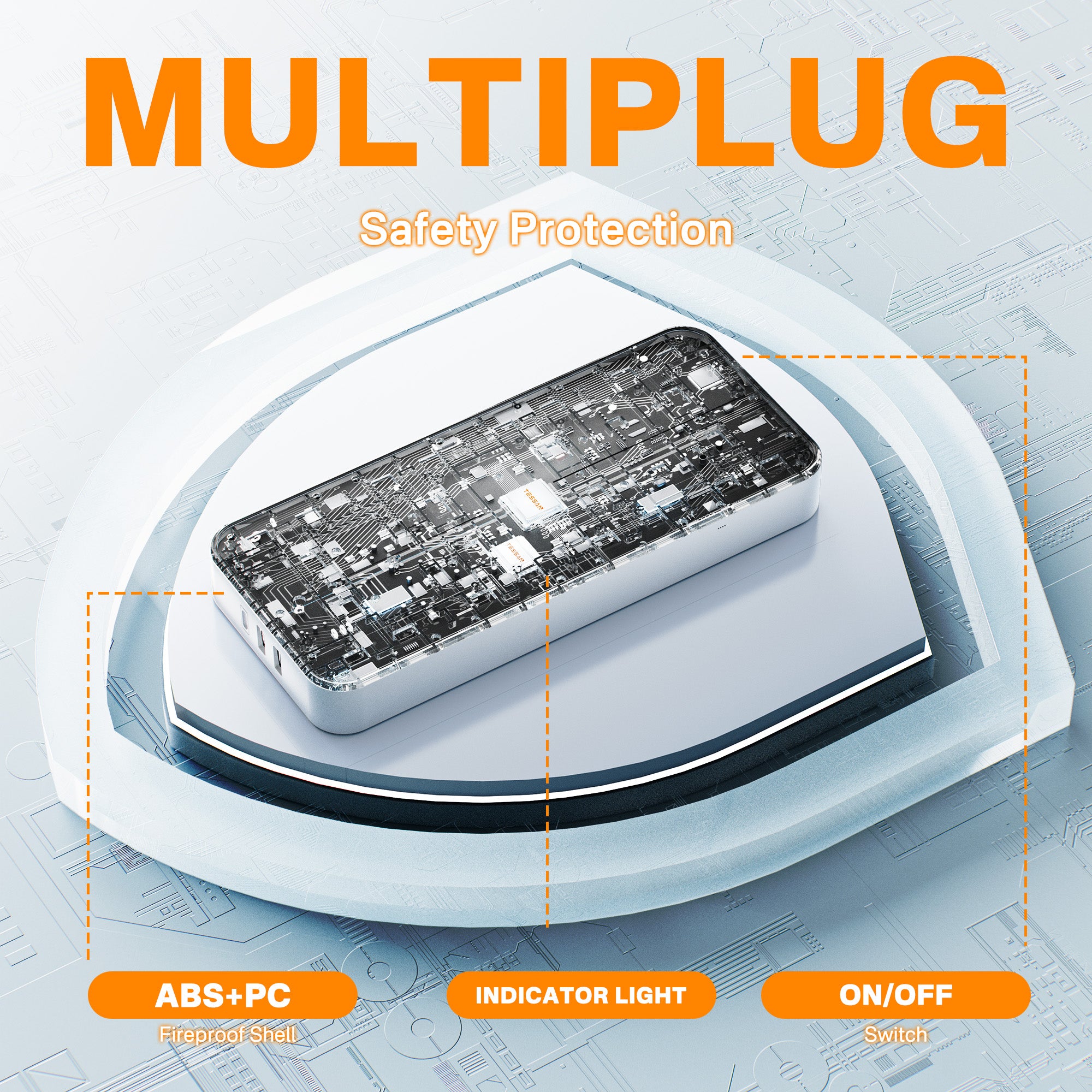 TESSAN - Power Strip 13A 8 Ways Outlet Socket Multi Plug Extension Leads UK Plug