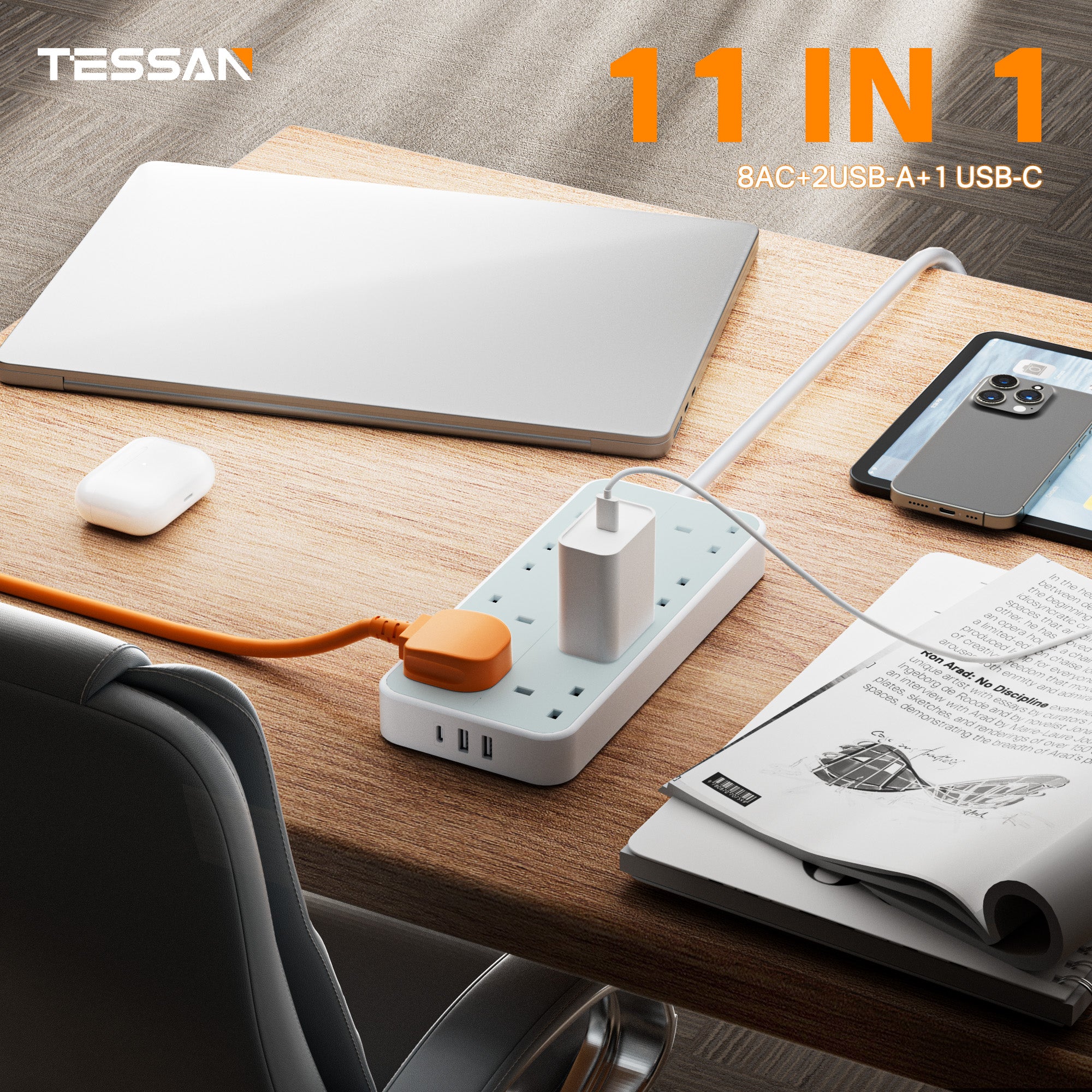 TESSAN - Power Strip 13A 8 Ways Outlet Socket Multi Plug Extension Leads UK Plug