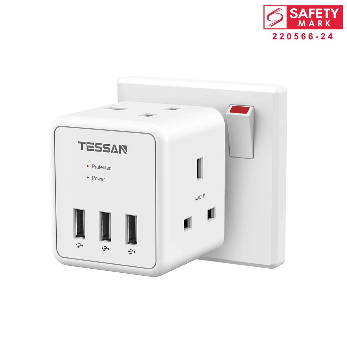 TESSAN - 5 in 1 Cube Wall Plug Extension with 2 AC Sockets and 3 USB Ports , White