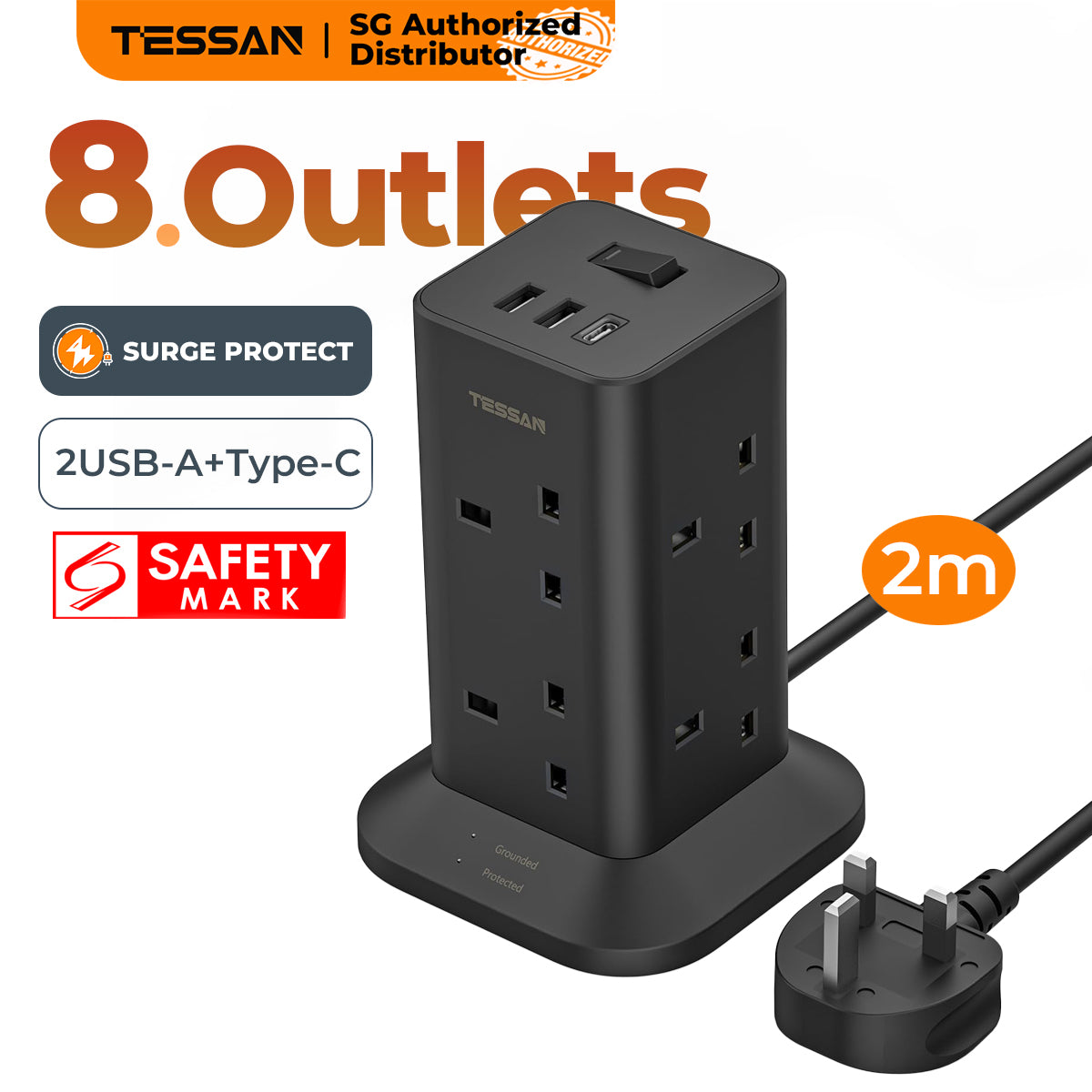 TESSAN - Black Tower 8 Sockets Outlet Plug Extension 3 Meters with 2 USB-A & 1 USB-C Ports