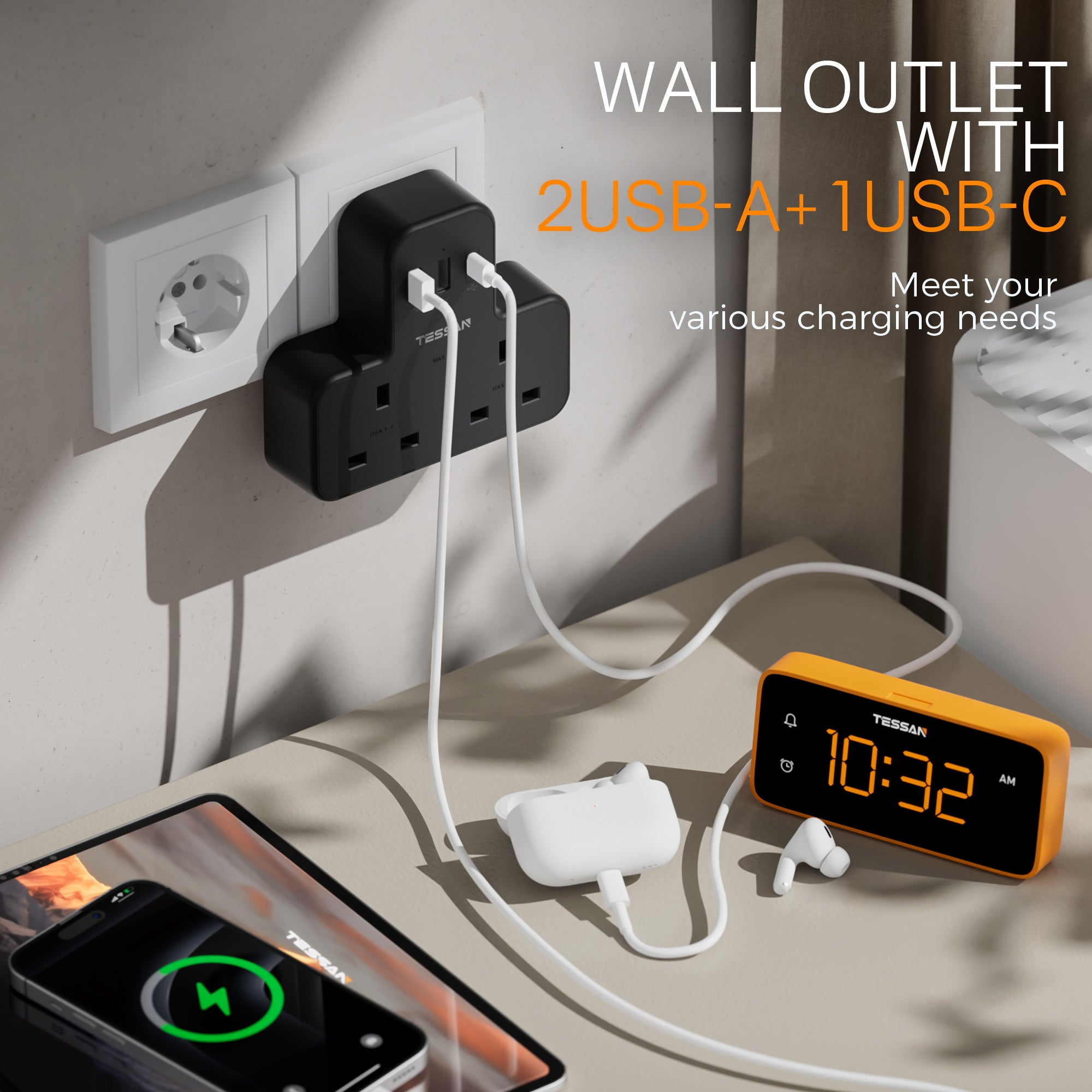 TESSAN - Safety Mark Socket Multi Plug Extension Wall Adapter with USB C , Black