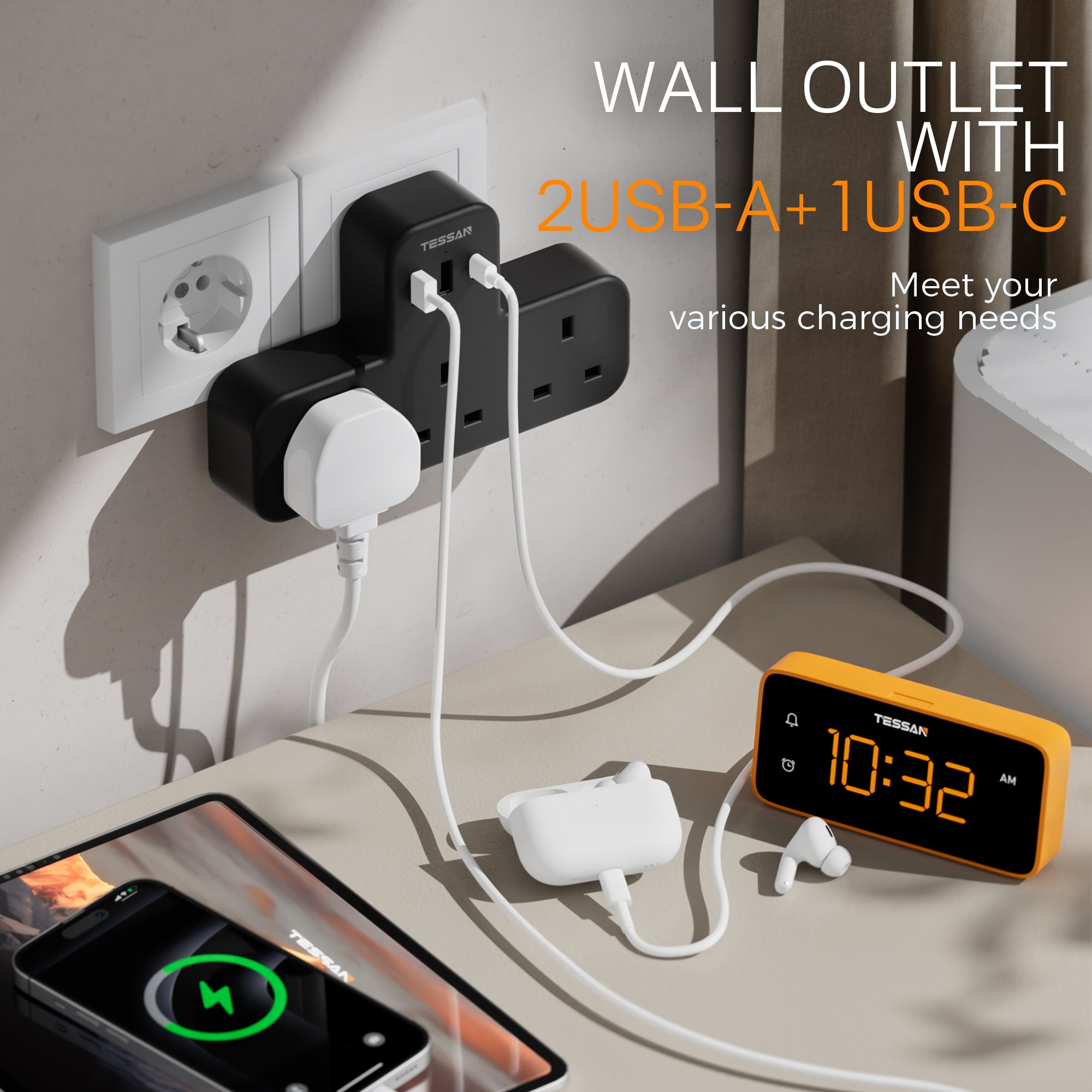 TESSAN - Safety Mark Extension Wall Plug with 3 AC Outlets , 2 USB-A and 1 USB-C Ports Black