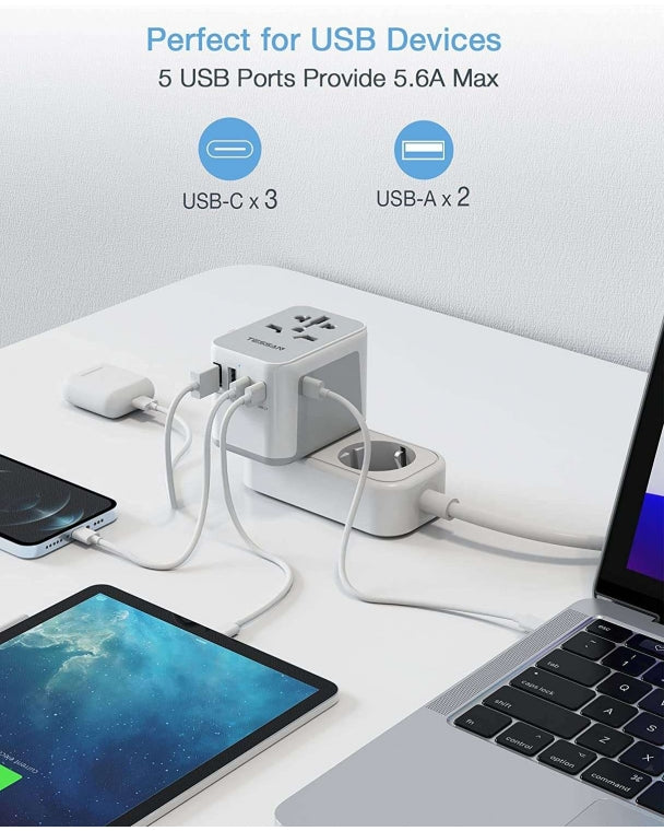 TESSAN - Universal Travel Adapter 28W Travel Plug with 3 USB C & 2 USB Ports