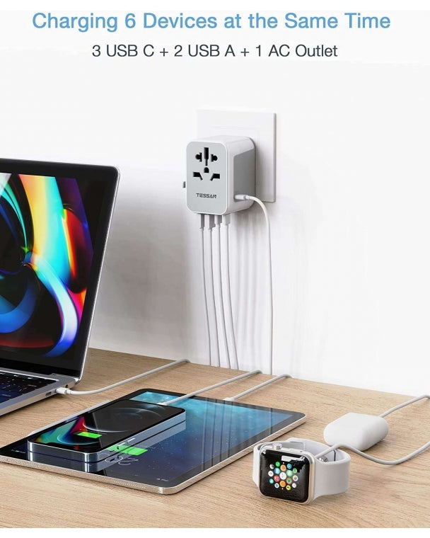 TESSAN - Universal Travel Adapter 28W Travel Plug with 3 USB C & 2 USB Ports