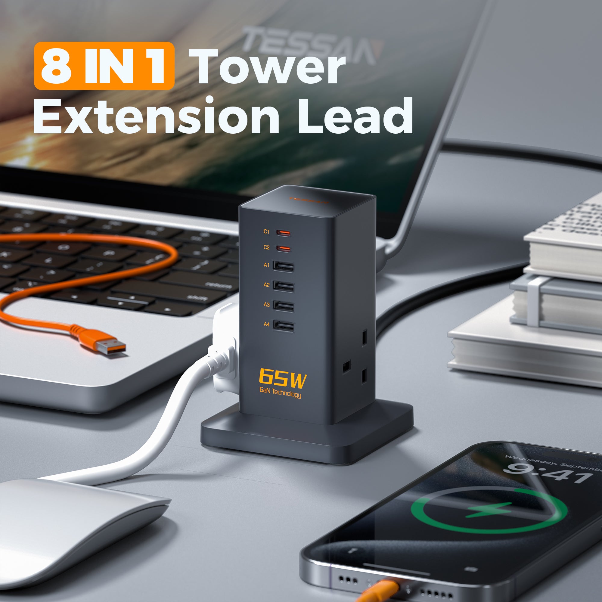 TESSAN - 65W GaN Charger Multiple Extension Cord Extension Tower with USB C Charging Station