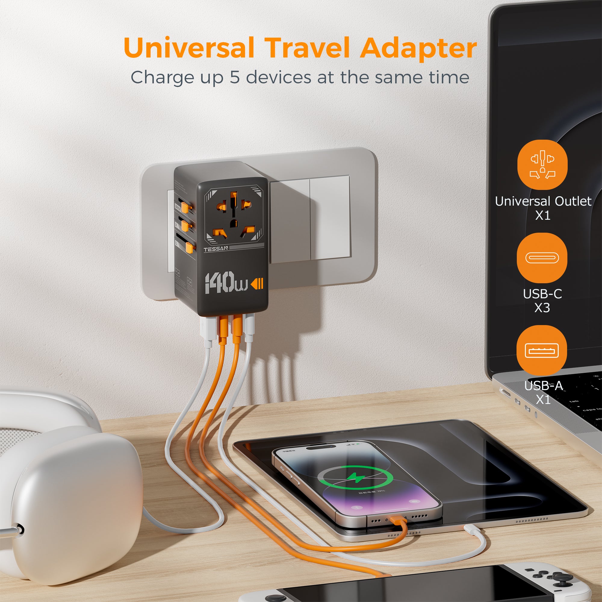 TESSAN - 140W Universal Travel Adapter GaN Charger with USB-C & USB Ports
