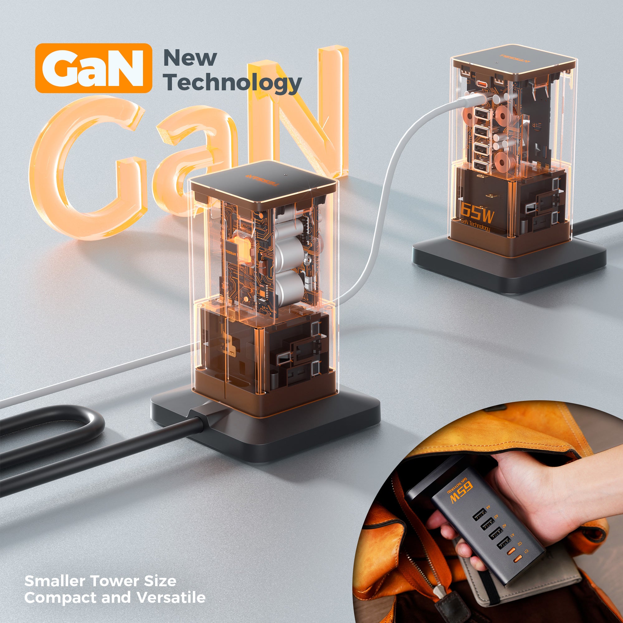 TESSAN - 65W GaN Charger Multiple Extension Cord Extension Tower with USB C Charging Station