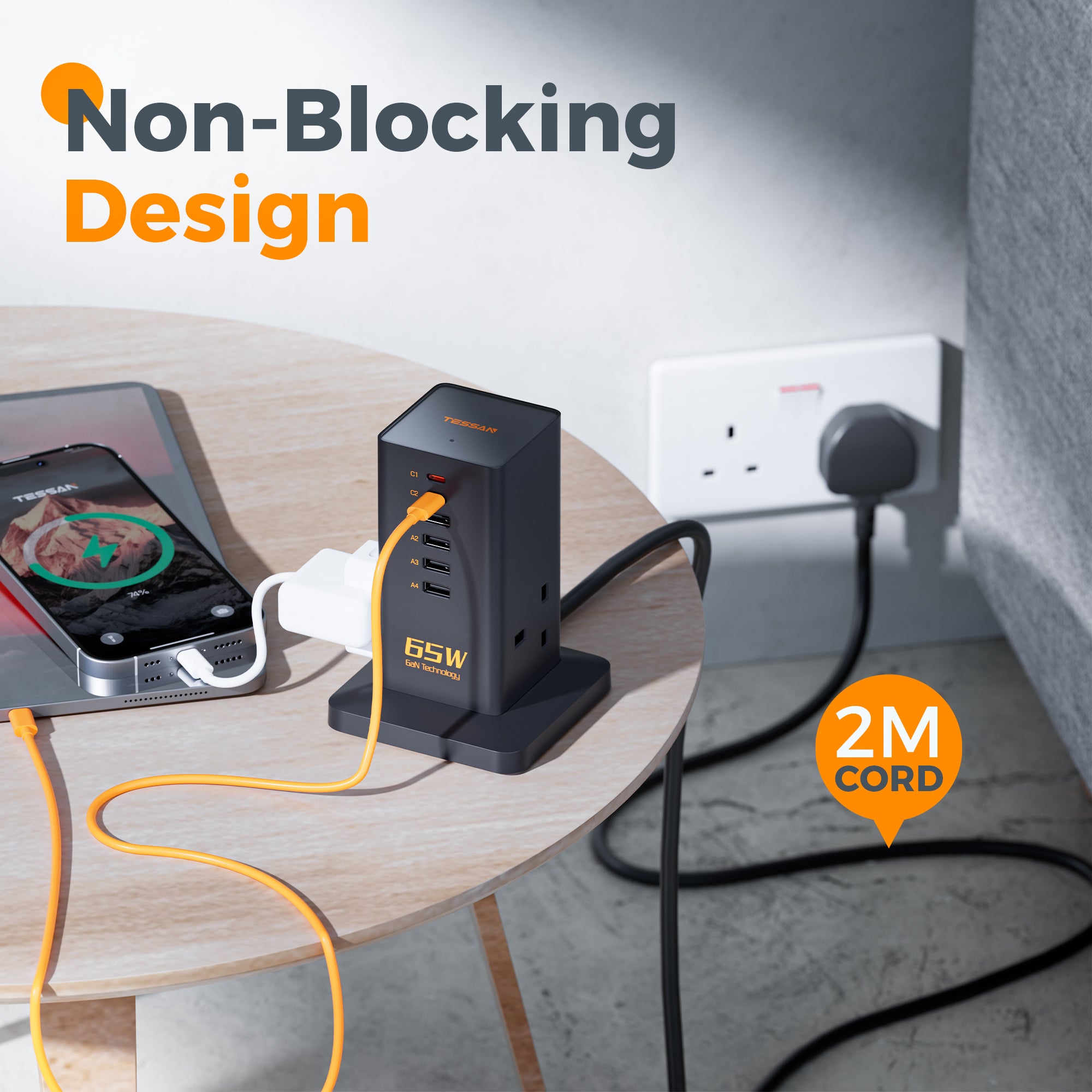 TESSAN - 65W GaN Charger Multiple Extension Cord Extension Tower with USB C Charging Station