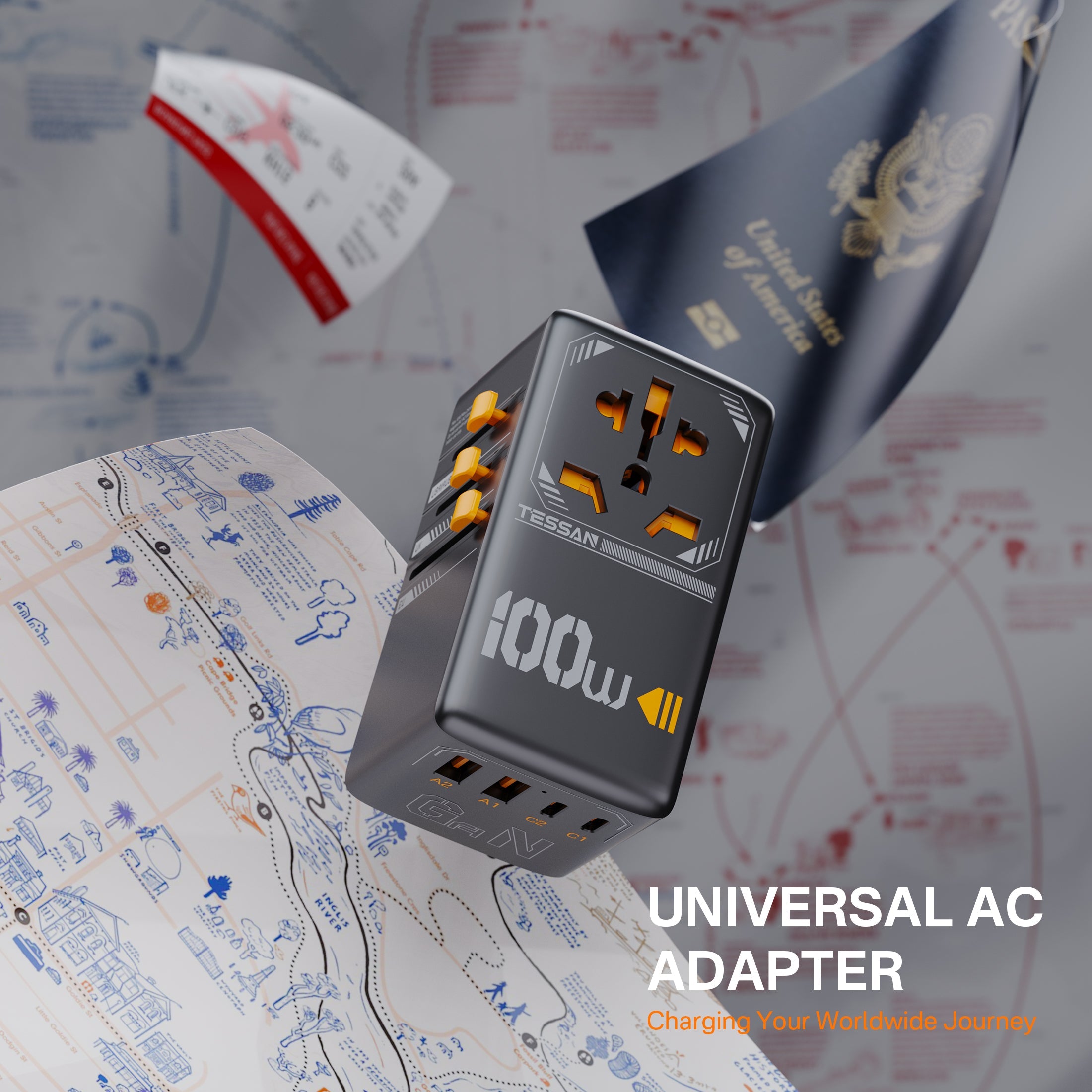 TESSAN - International 100W Fast Charging Adaptor with 2 USB C & 2 USB Charging Ports
