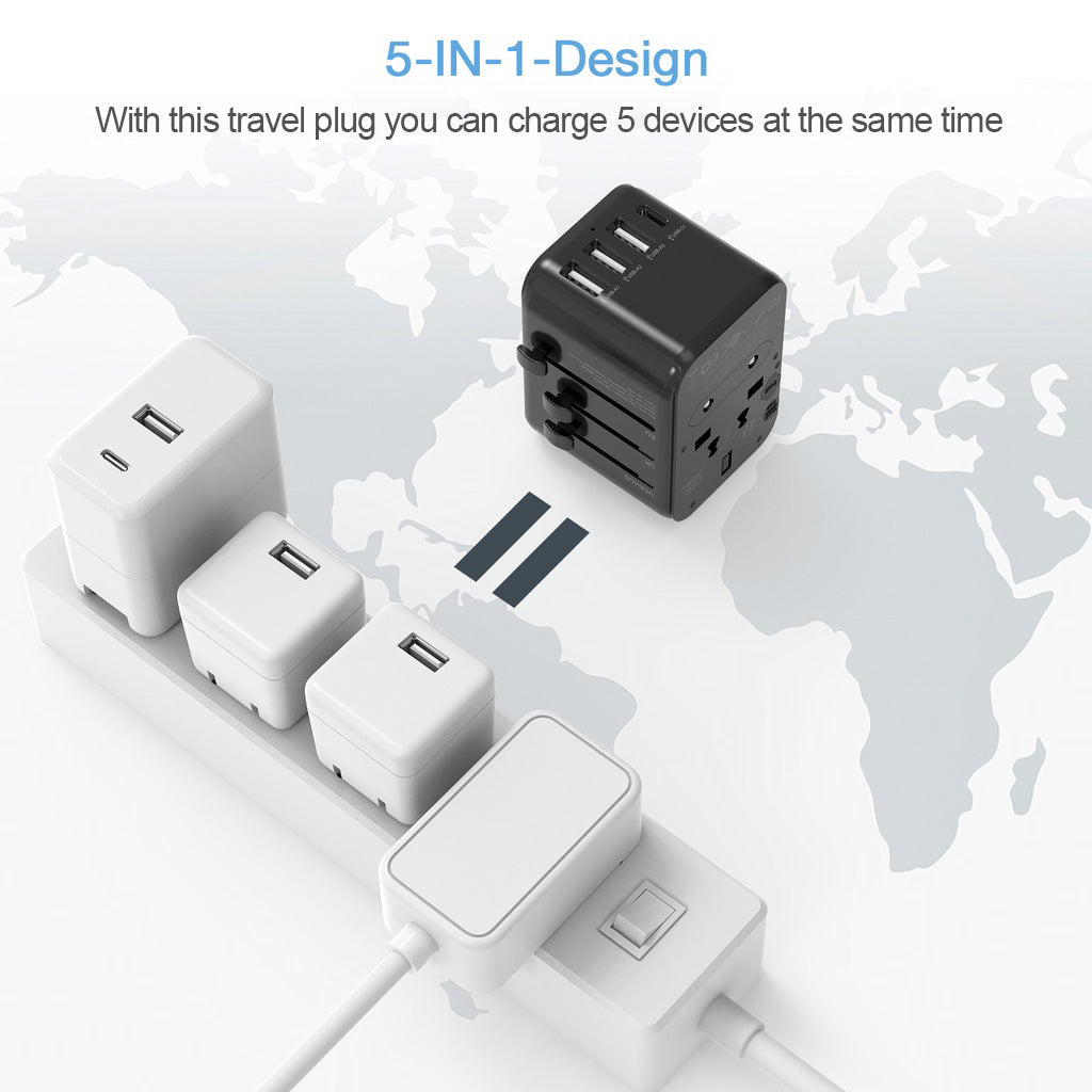TESSAN - 17W Travel Charger Multi Plug Adaptor with 3 USB and 1 Type C / 633FC-BK