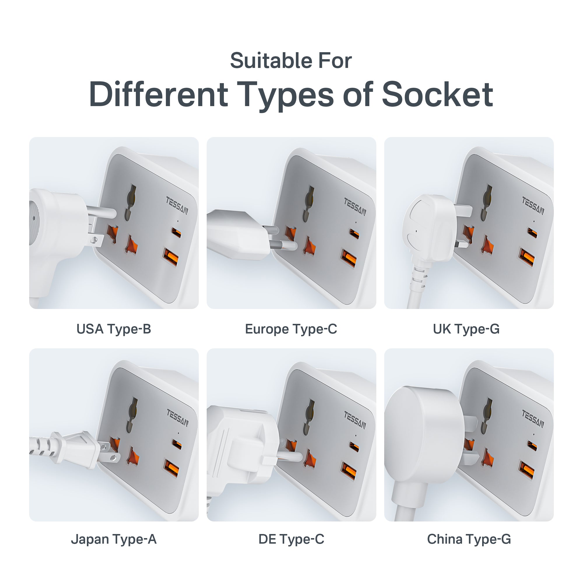TESSAN - Wall Plug Socket Extender with USB-C Cable Universal Gang and 2 USB Ports