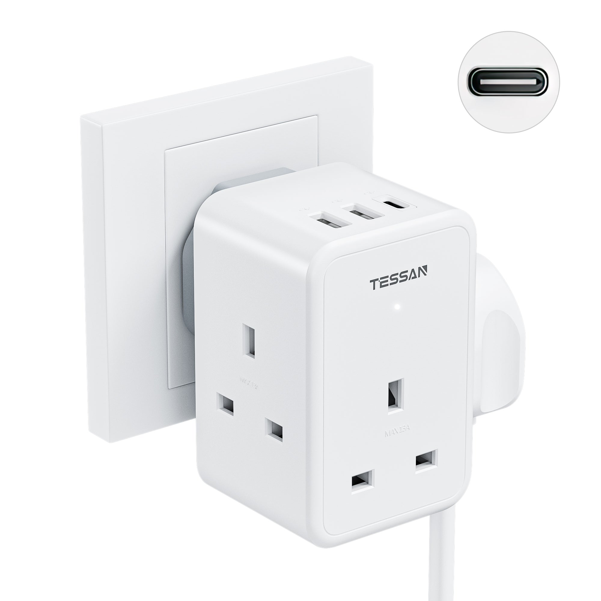 TESSAN - 3 Main Outlets Wall Socket Multi Plug Extension Wall Adapter with 2 USB and Type C