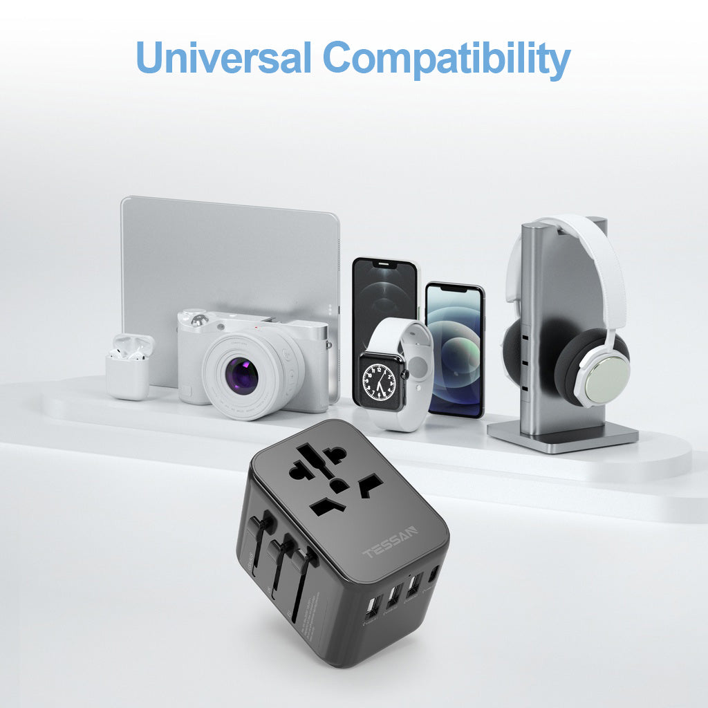 TESSAN - 17W Travel Charger Multi Plug Adaptor with 3 USB and 1 Type C / 633FC-BK