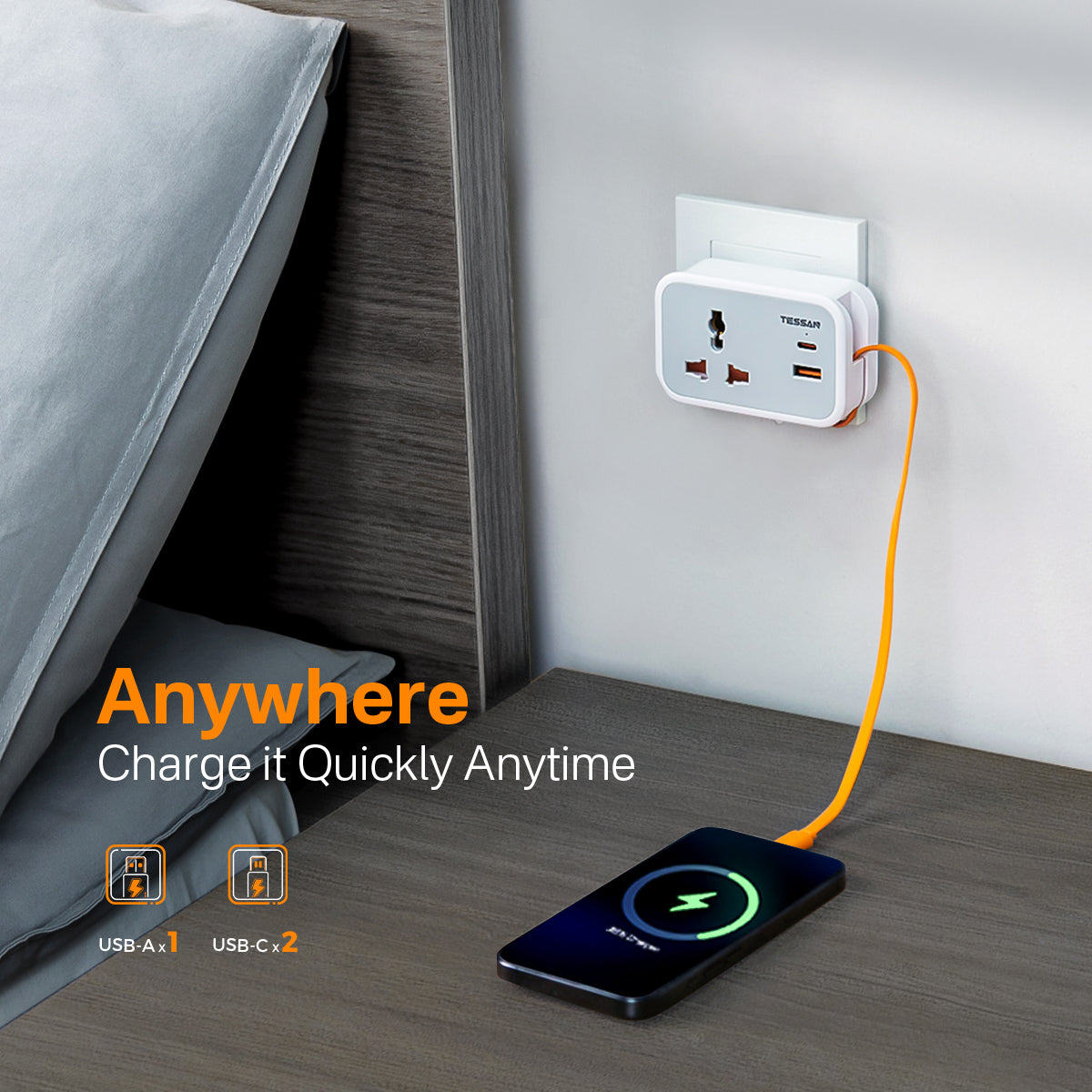 TESSAN - Wall Plug Socket Extender with USB-C Cable Universal Gang and 2 USB Ports