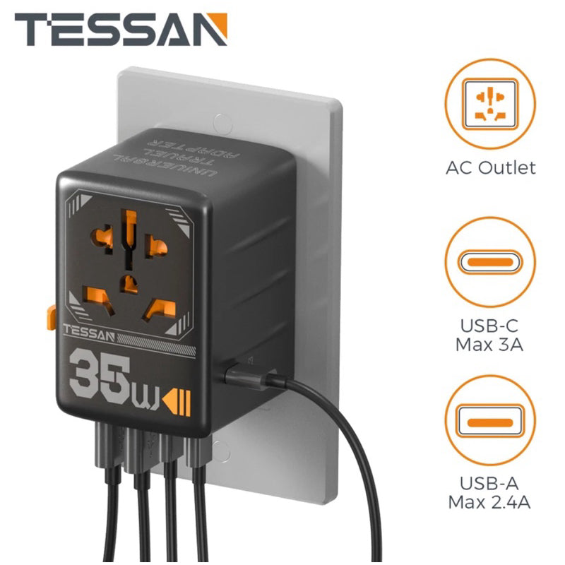 TESSAN - Universal 35W Travel Adaptor with 3 USB C & 2 USB Charging Ports