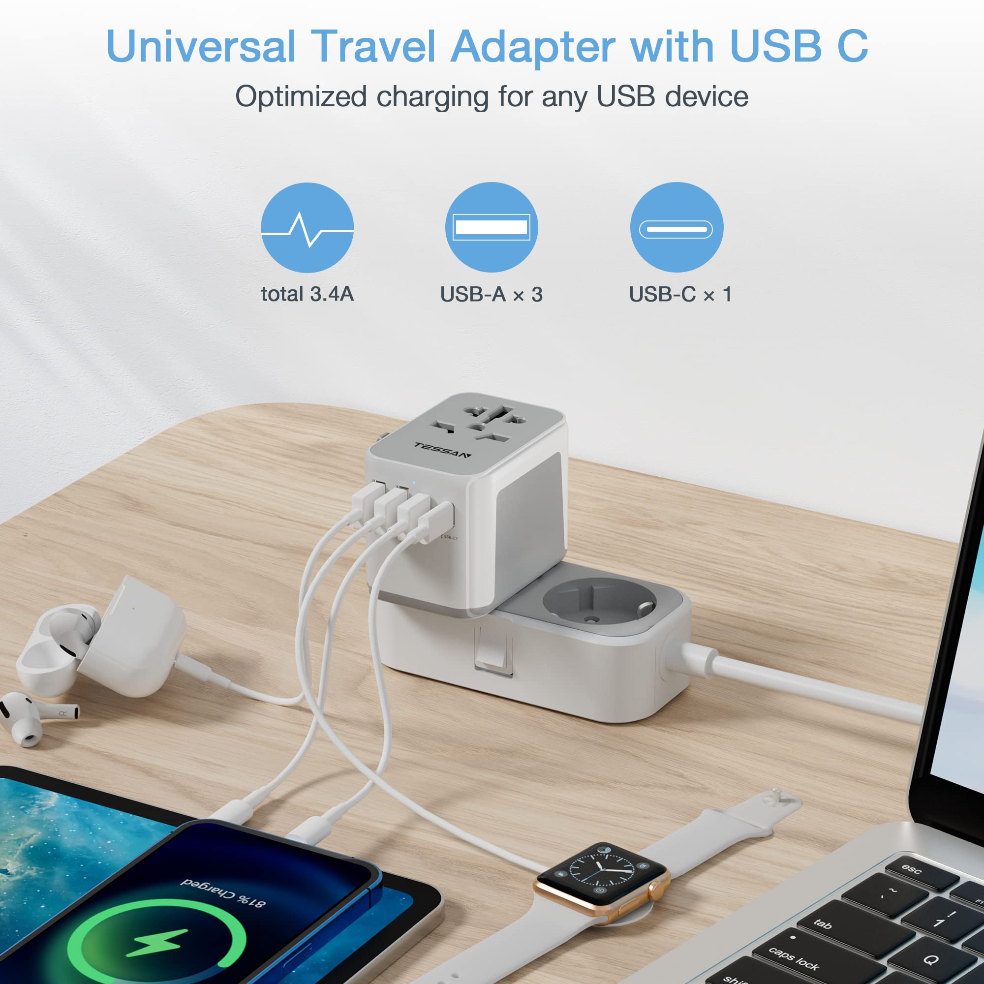 TESSAN - 17W Universal Travel Adapter with 1 USB C & 3 USB A Ports