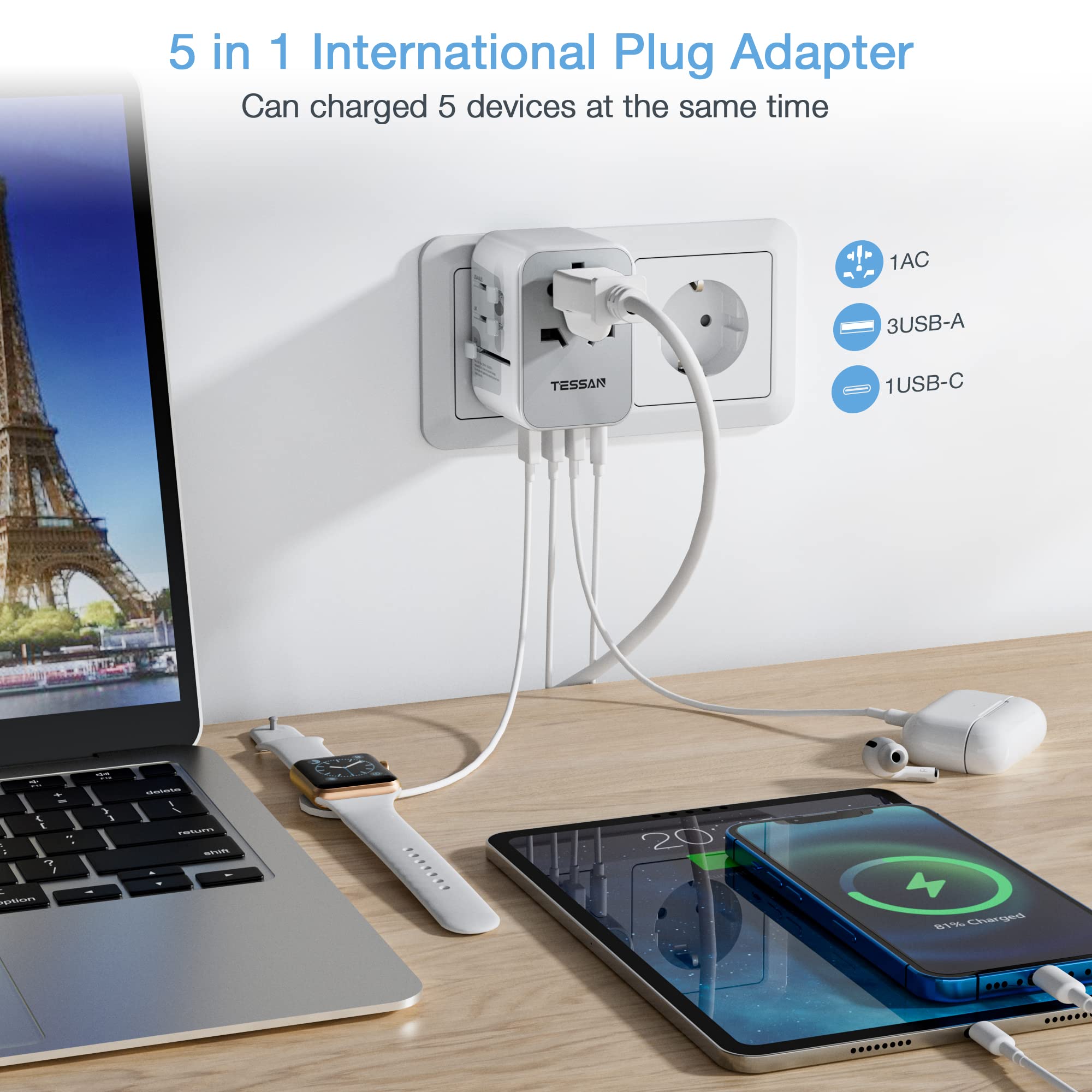 TESSAN - 17W Universal Travel Adapter with 1 USB C & 3 USB A Ports