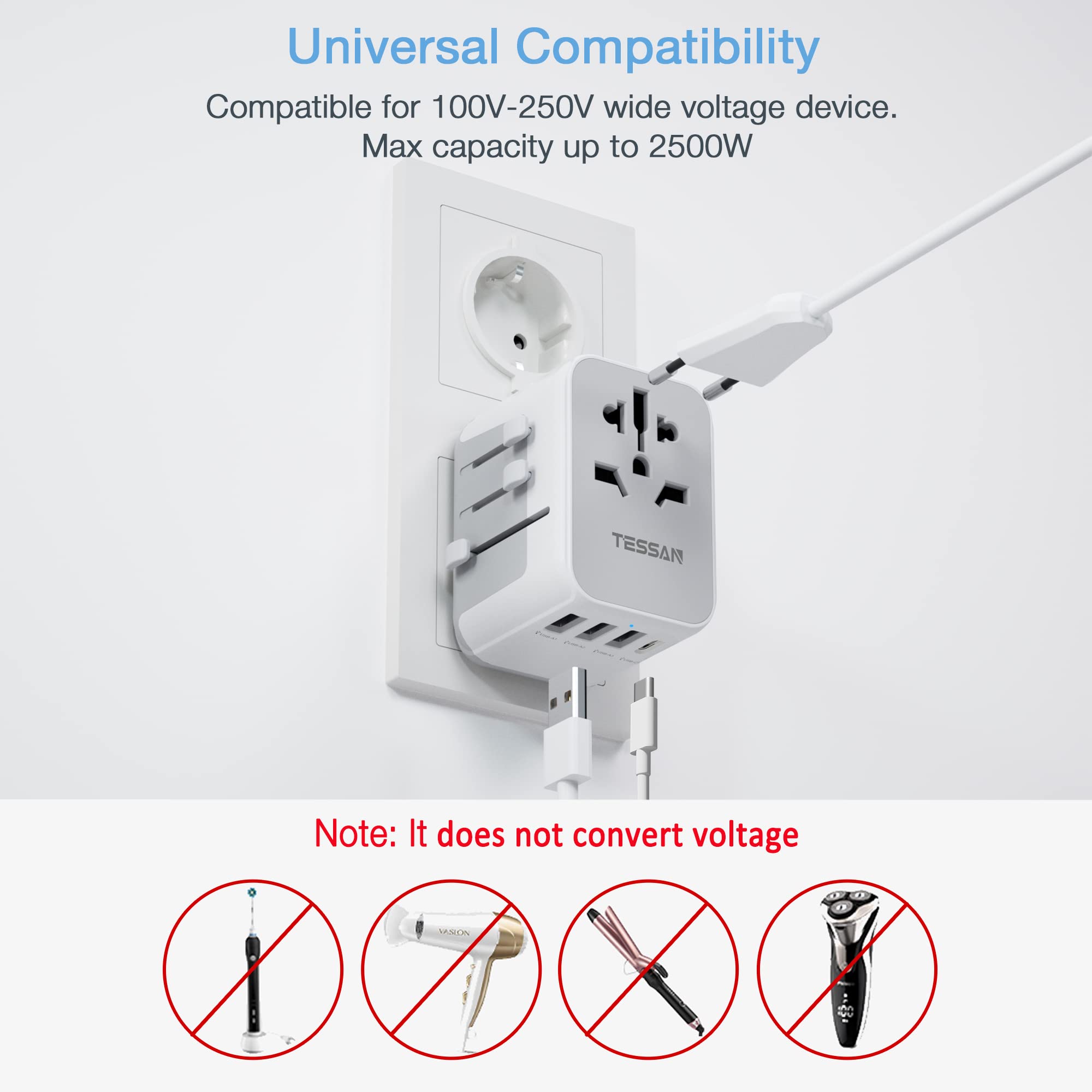 TESSAN - 17W Universal Travel Adapter with 1 USB C & 3 USB A Ports