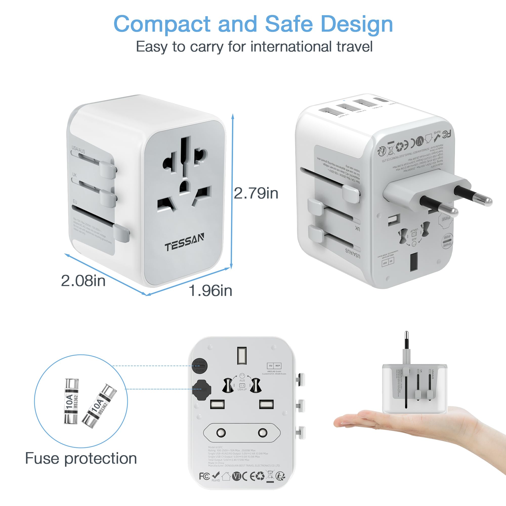 TESSAN - 17W Universal Travel Adapter with 1 USB C & 3 USB A Ports