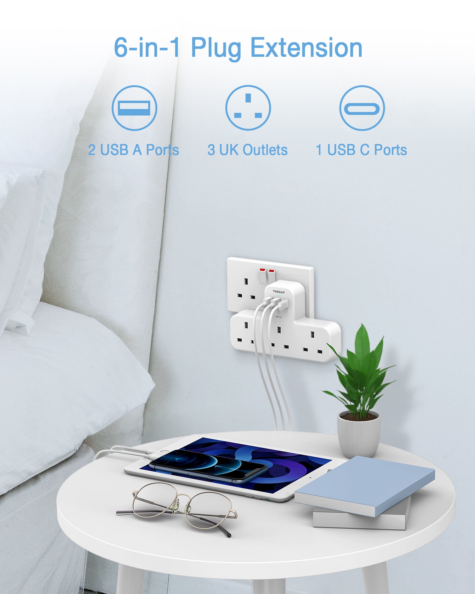 TESSAN - Extension Wall Plug with 3 AC Outlets , 2 USB-A and 1 USB-C Ports