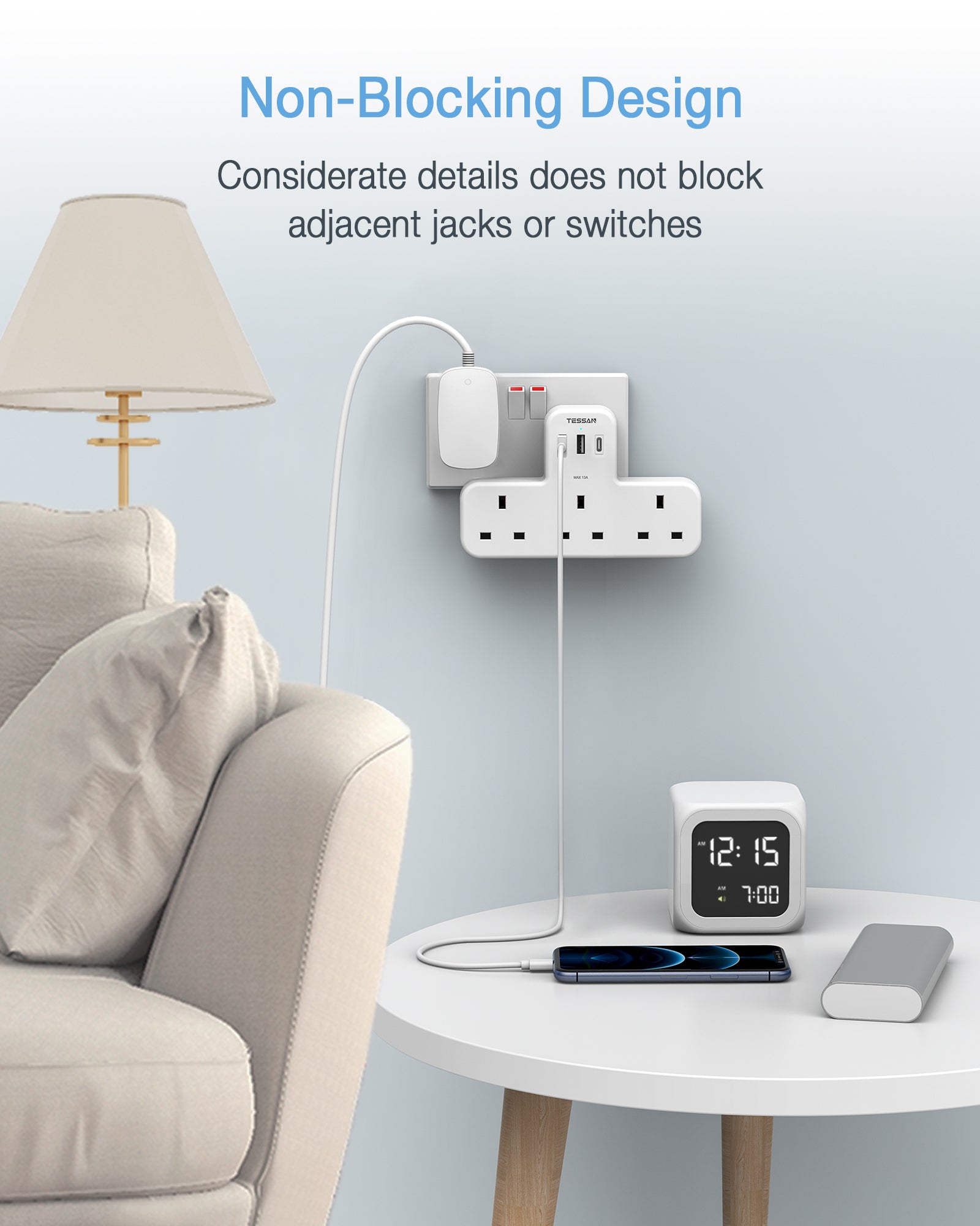 TESSAN - Extension Wall Plug with 3 AC Outlets , 2 USB-A and 1 USB-C Ports