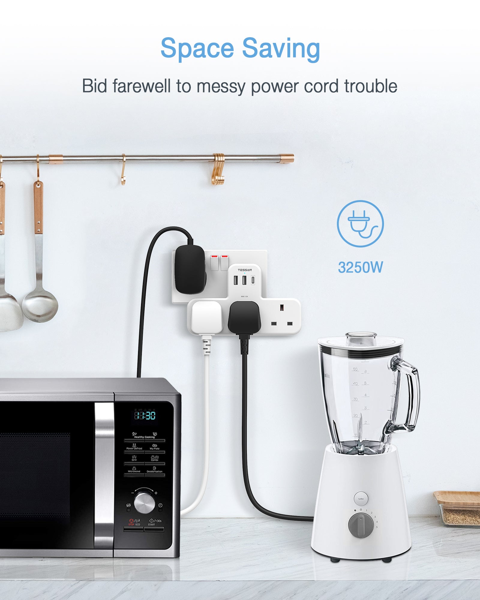 TESSAN - Extension Wall Plug with 3 AC Outlets , 2 USB-A and 1 USB-C Ports