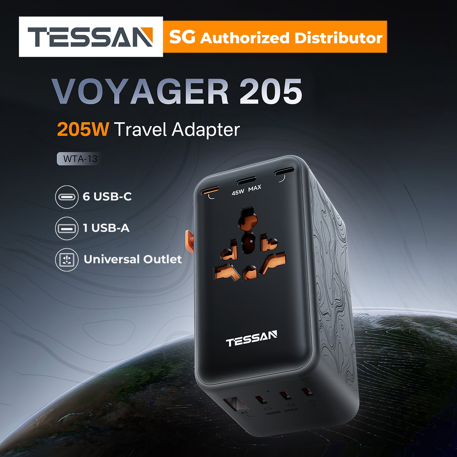 TESSAN 205W Universal Travel Plug Adapter International Travel Adapter Worldwide with USB Type C