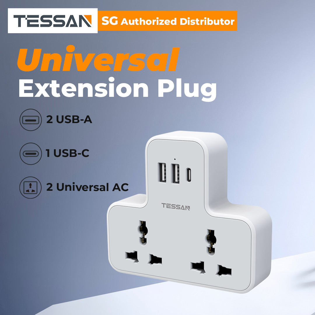 Tessan Universal Multi Plug Power Socket With USB C Charge Wall Adapter 2AC Socket Oulet Extension