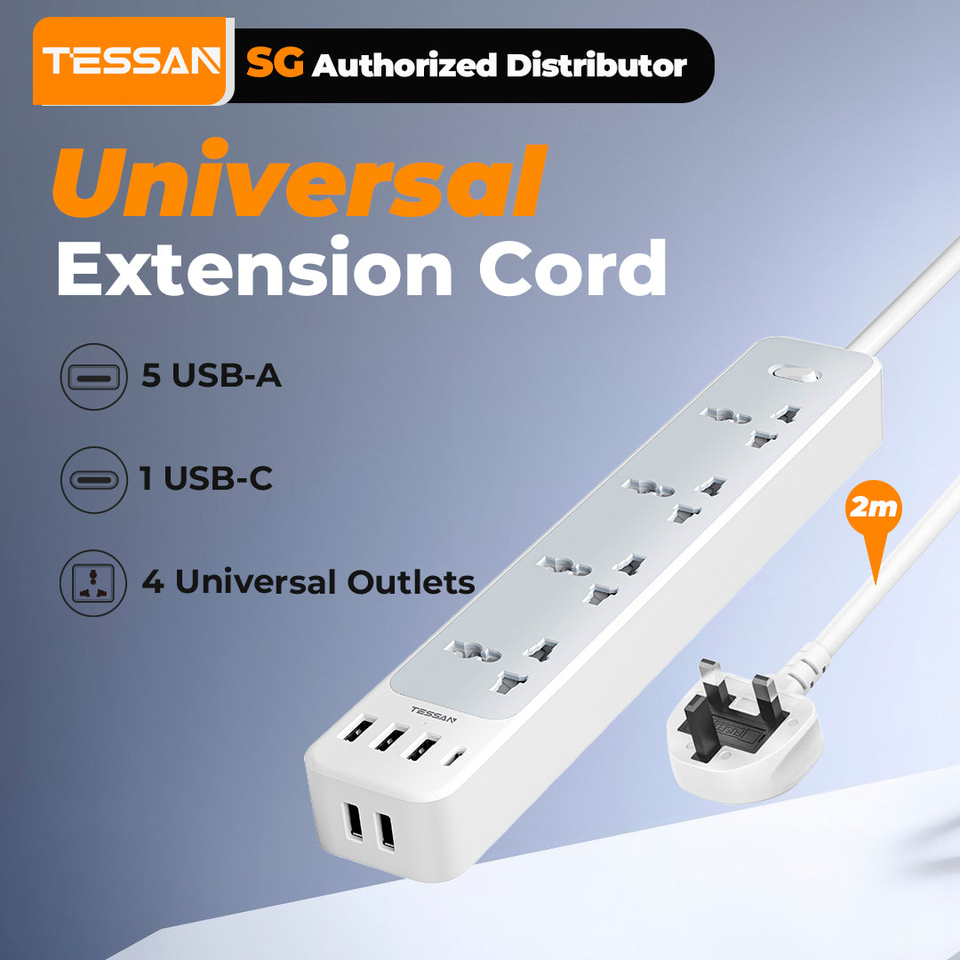 Tessan Universal Extension Cord Extension Socket With 4AC USB C 3.0A Charger Adapter 2 Meter Power Strip