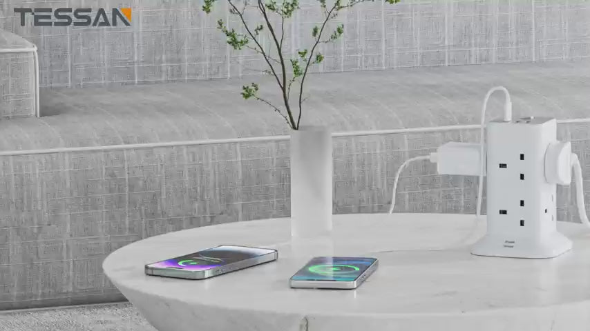 TESSAN - Extension Cord Tower 8 Ways Socket Outlet with 2 USB-A & 1 USB-C Ports