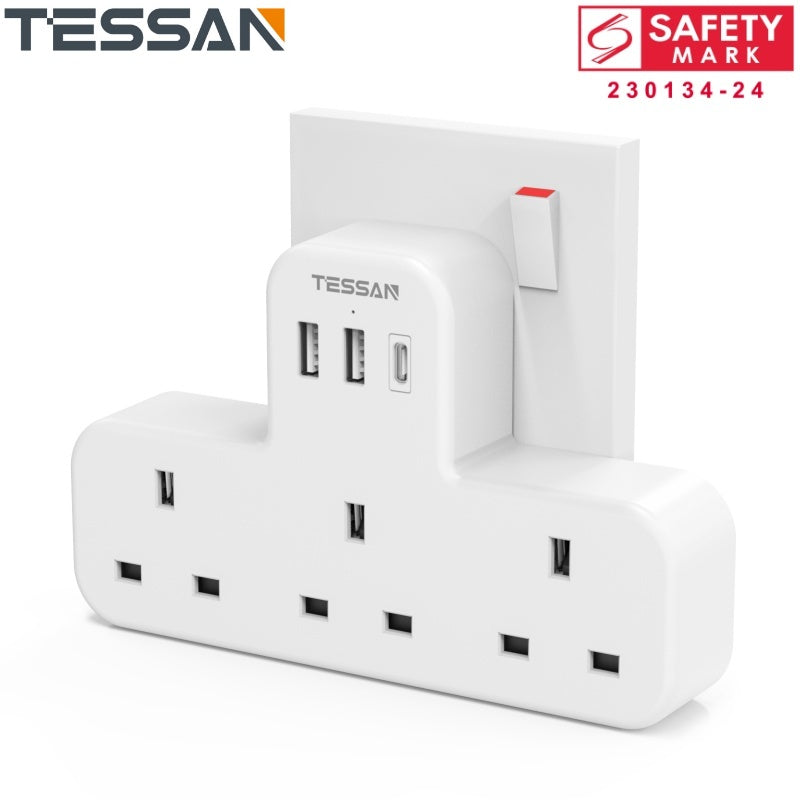 TESSAN - Extension Wall Plug with 3 AC Outlets , 2 USB-A and 1 USB-C Ports