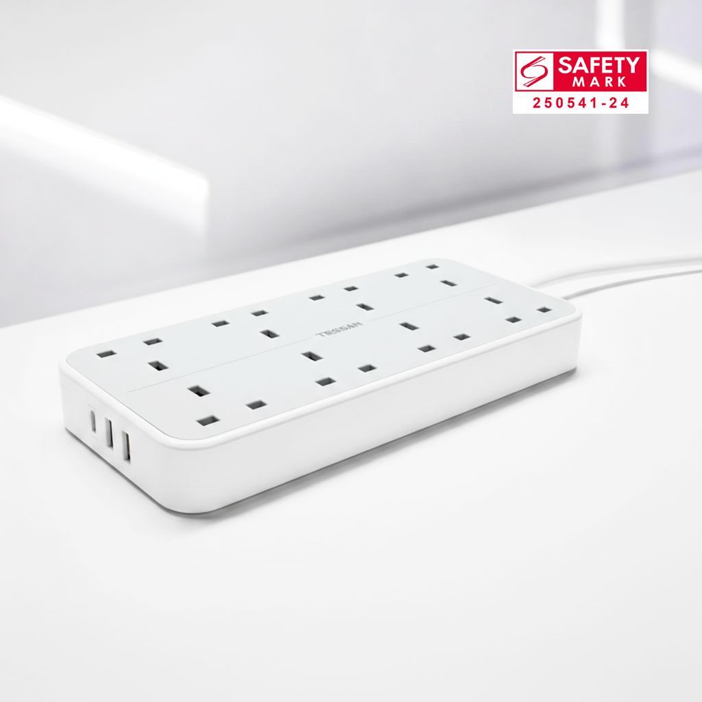 TESSAN - Power Strip 13A 8 Ways Outlet Socket Multi Plug Extension Leads UK Plug