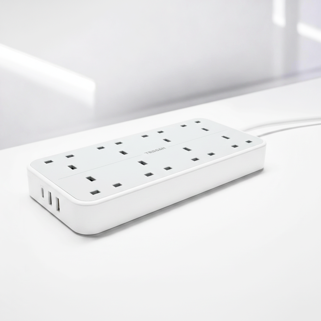 TESSAN - Power Strip 13A 8 Ways Outlet Socket Multi Plug Extension Leads UK Plug