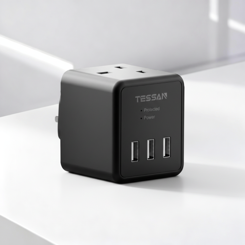 TESSAN - 5 in 1 Cube Wall Plug Extension with 2 AC Sockets and 3 USB Ports , Black