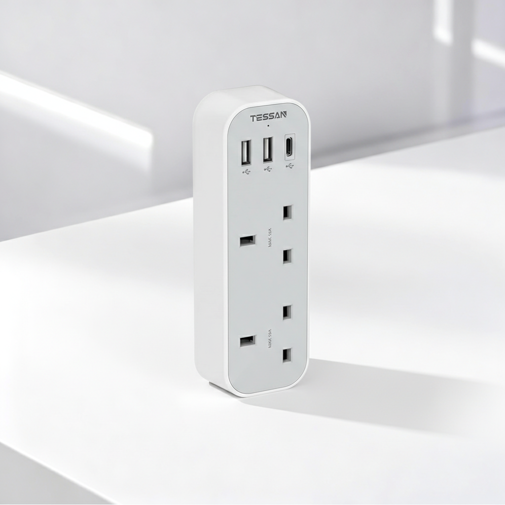 TESSAN - Vertical Socket Extension Double Plug Adaptor with 3 USB Slots , White