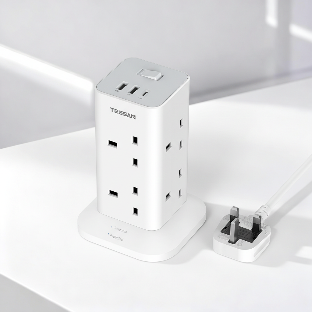 TESSAN - Extension Cord Tower 8 Ways Socket Outlet with 2 USB-A & 1 USB-C Ports