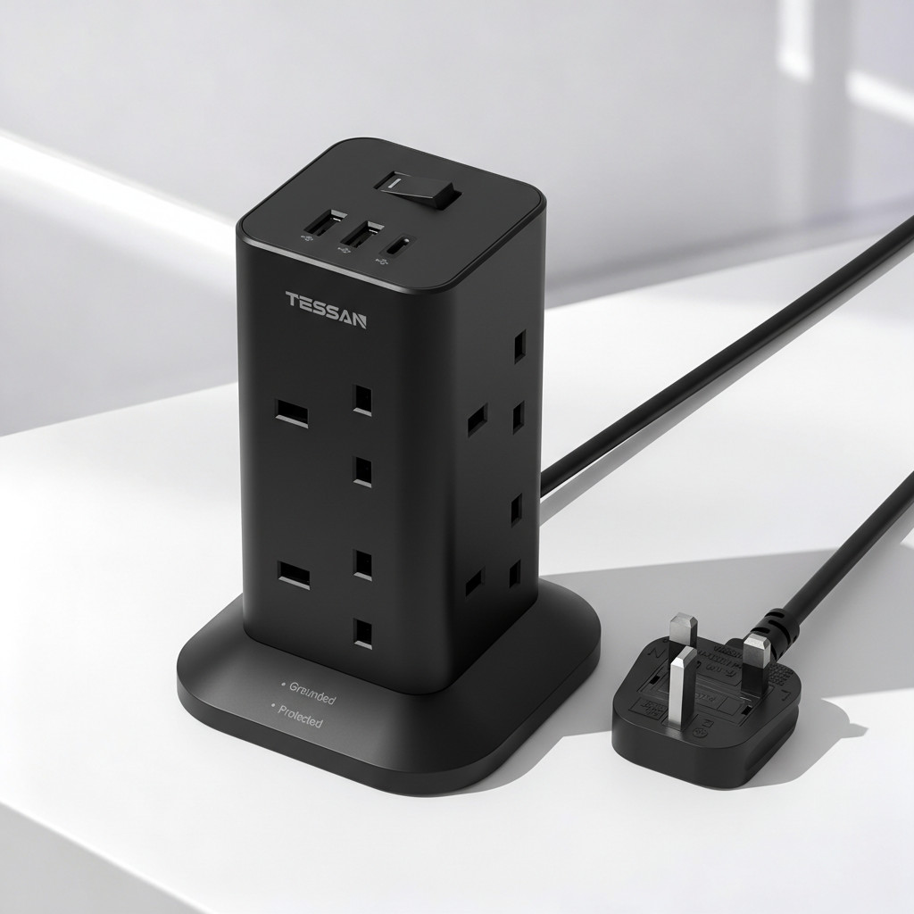 TESSAN - Black Tower 8 Sockets Outlet Plug Extension 3 Meters with 2 USB-A & 1 USB-C Ports / TP03-BK