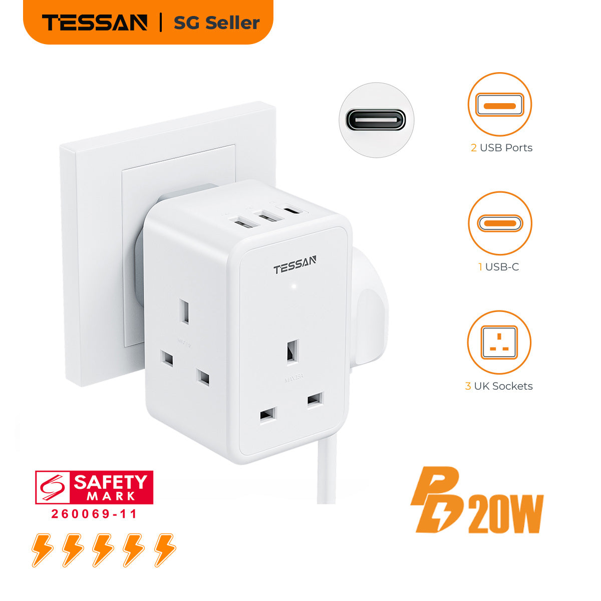 TESSAN - 3 Main Outlets Wall Socket Multi Plug Extension Wall Adapter with 2 USB and Type C