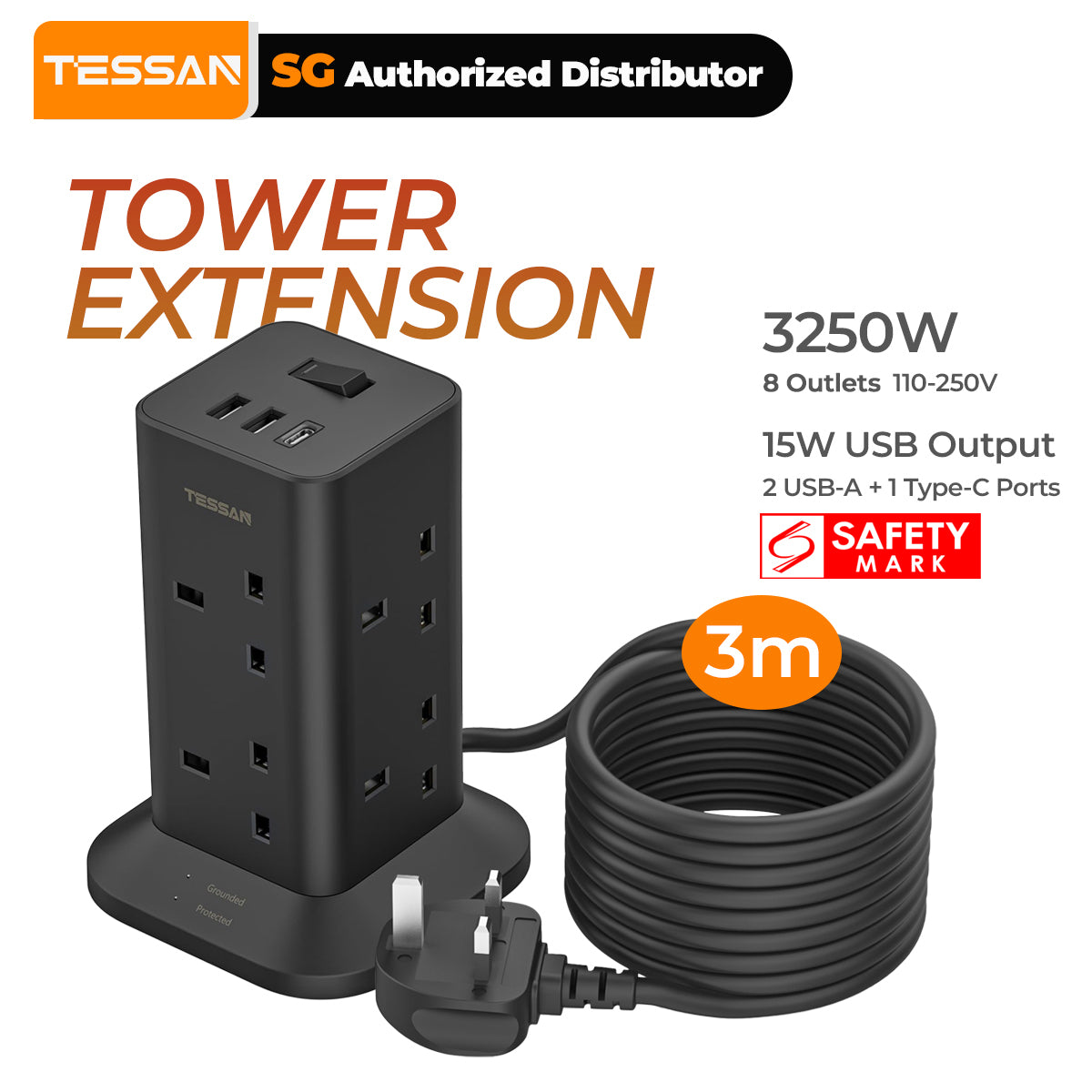 TESSAN - Black Tower 8 Sockets Outlet Plug Extension 3 Meters with 2 USB-A & 1 USB-C Ports