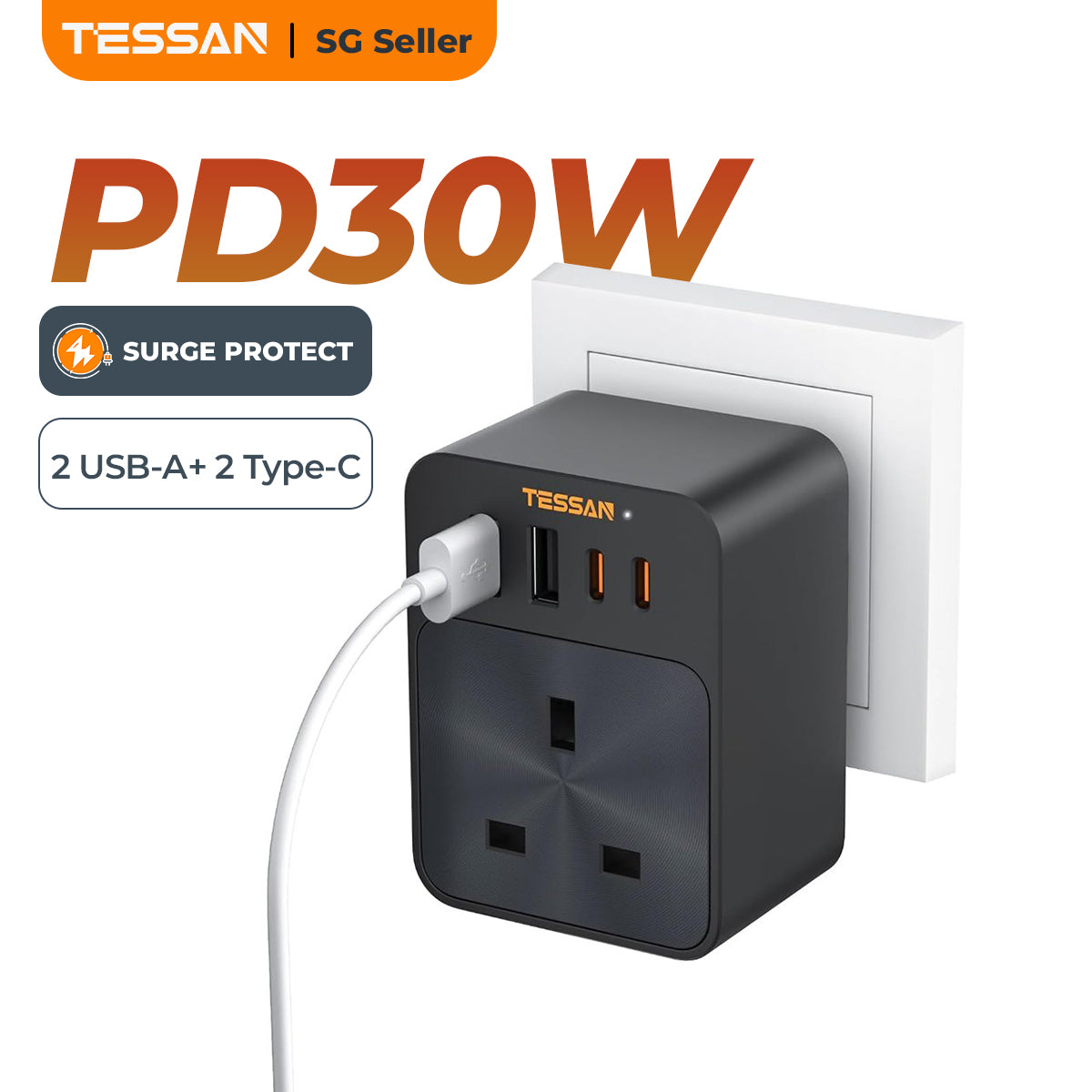 TESSAN - Surge Protection PD30W Wall Plug Socket Extension Power Adapter Multi Charger